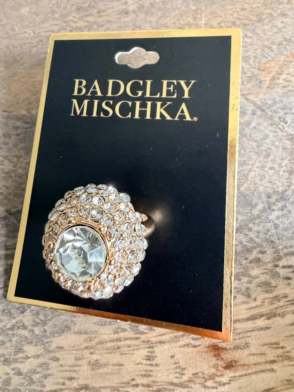 New Badgley Mischka Pavé Cocktail Gold Tone Statement Ring ~Size 7